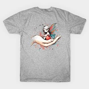 Woman Cradling Fairy in Palm Of Hand Watercolor Design | Light T-Shirt